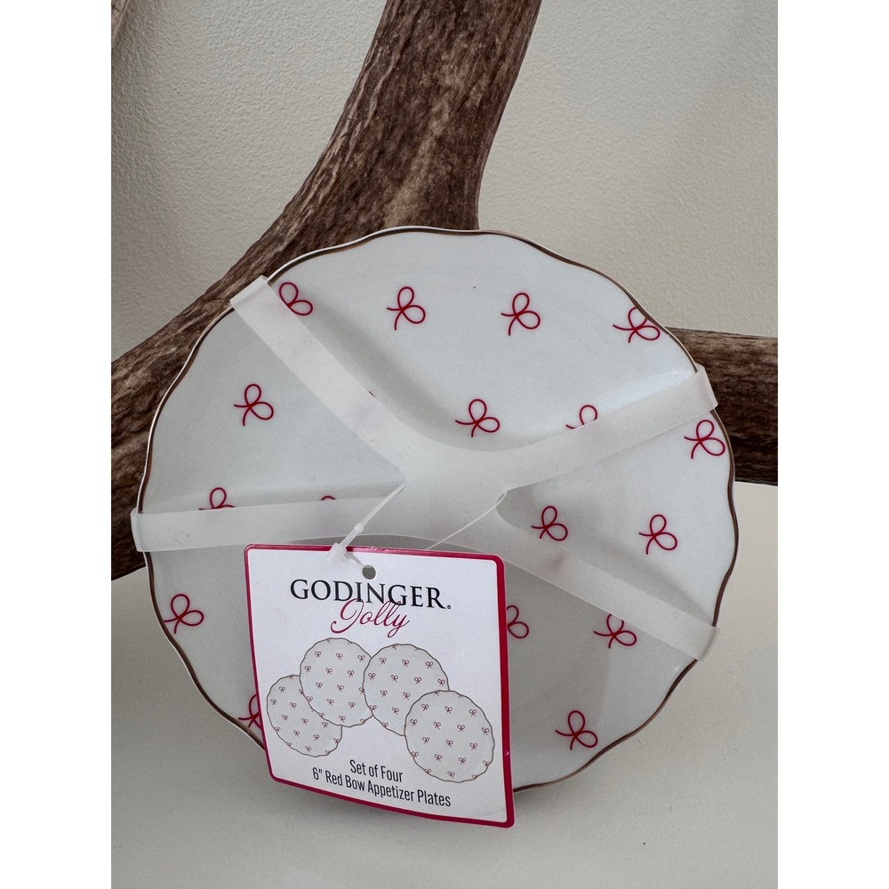 Godinger Jolly Set of 4 Red Bow Appetizer Plates 6 Inch Scalloped Christmas